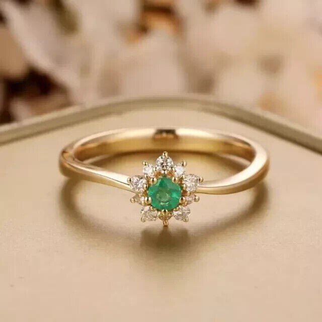 1Ct Round Simulated Emerald Halo Promise Ring in 14K Yellow Gold Plated