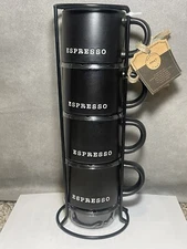 NWT Market Finds Set of 4 Espresso Coffee Cups Mugs & Holder Stackable Black