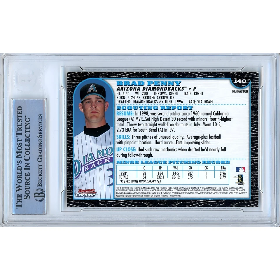 Brad Penny Firmado 1999 Bowman Cromo Refractor #140 BAS Losa DBacks MLB Automático Foto 2 de 4