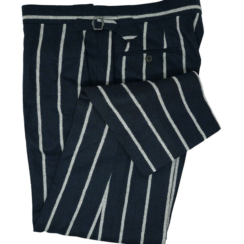 Navy Blue Striped Men Suits Double Breasted Peak Lapel Tuxedos Wedding Blazer - Image 2 of 4