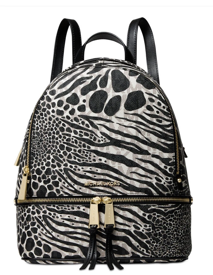 NUEVO MICHAEL KORS MD RHEA MOCHILA BOLSA PARA LIBROS Bolso Negro Multi Wild Tiger Cebra Blanco