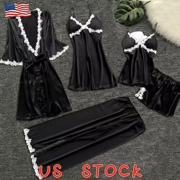 Black Silk Pajama Set 5 Piece Sleepwear Night Gown Short Robe Top