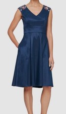 Alex Evenings Women Blue Lined A Line Embellished-Shoulder V-Neck Dress Size 14