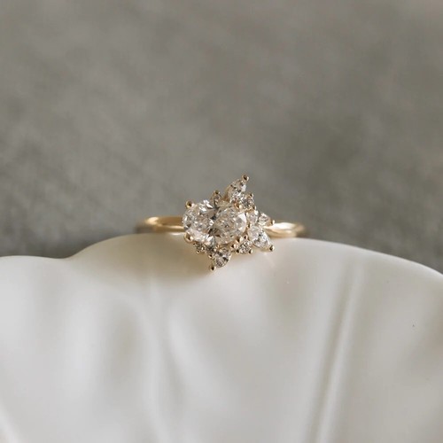 Ausgefallener 2 Karat Ovalschliff Moissanit Cluster Verlobungsring 14K Gelbgold vergoldet - Bild 10 von 16