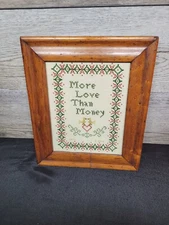 VNTG Crosstitch (More Love Than Money) Framed 1974 Size 11x13