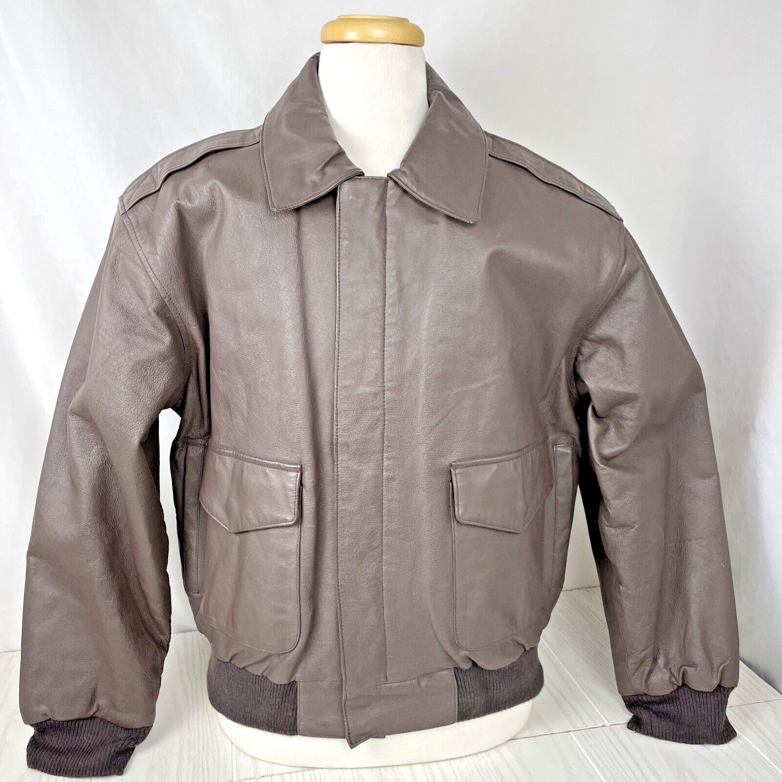 BROWN LEATHER MILITARY BOMBER FLIGHT JACKET MEN'S SIZ… Gem