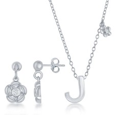 Sterling Silver Shiny "J" with Tiny CZ Flower Necklace and Earrings Set