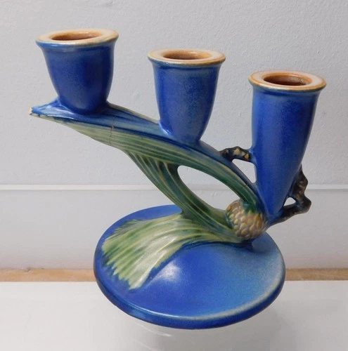 Vintage Roseville Art Pottery Blue Pine Cone Triple Candelabra #1106 *AS FOUND*