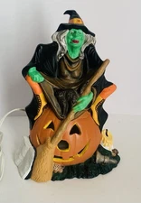Vintage Byron Molds Ceramic Halloween Light Up Witch on Jack O Lantern Black Cat