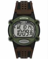 TIMEX T48042, MEN'S "EXPEDITION" CHRONOGRAPH LEATHER WATCH, ALARM, INDIGLO 