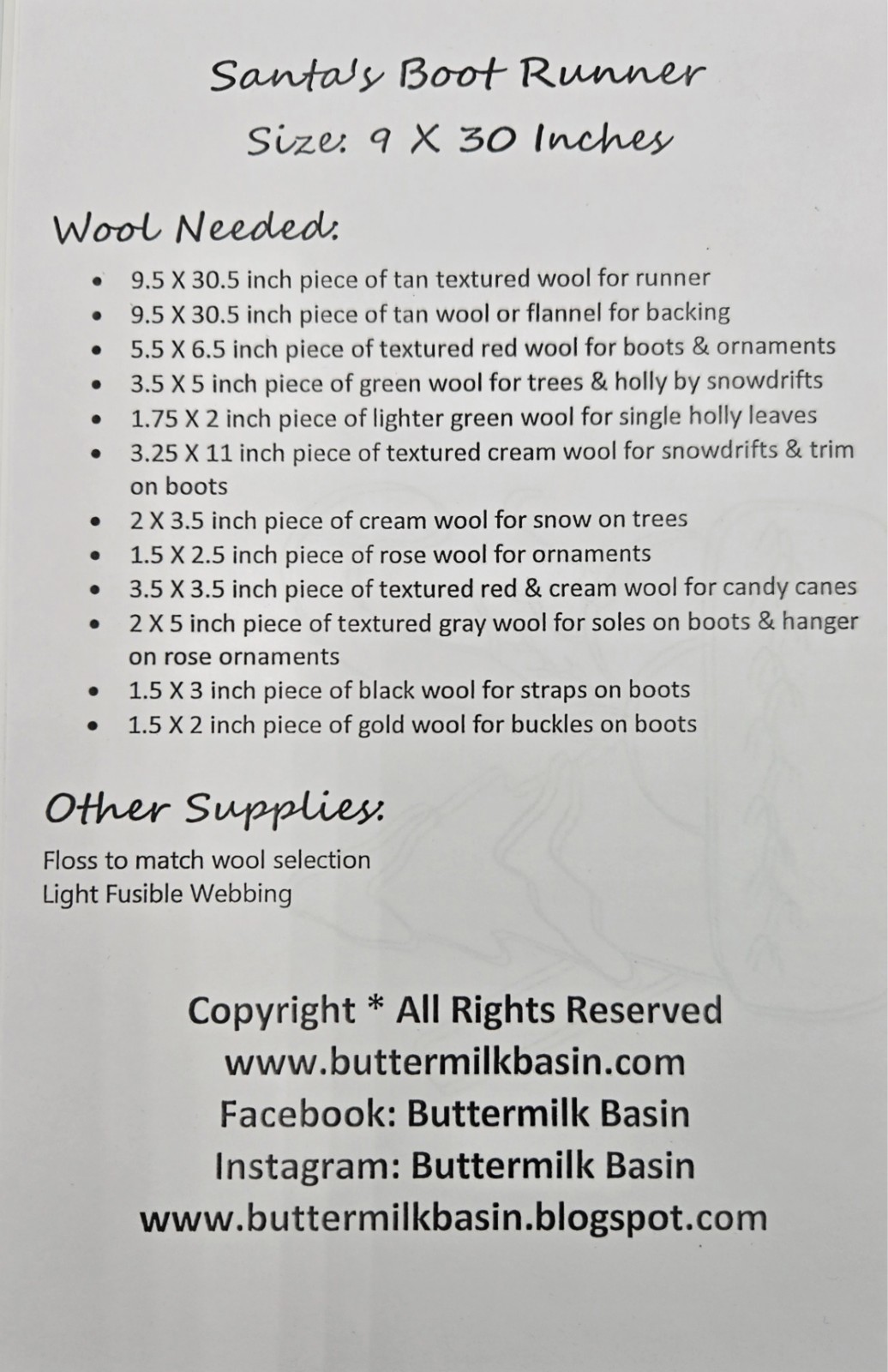 SANTA'S BOOT RUNNER Pattern Primitive Wool Applique by Buttermilk Basin