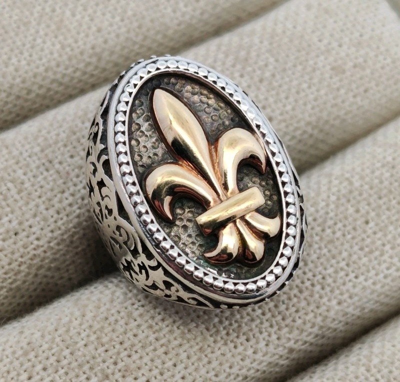 Designer "PG" Turkey Sterling Silver & 18K Gold Fleur de Lis Ring Size 9