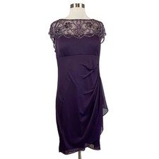 XSCAPE Women's Cocktail Dress Size 16 Purple Beaded Chiffon Short Sleeve Sheath