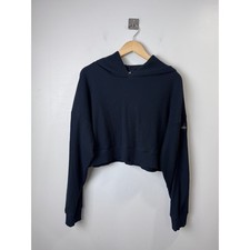Alo Yoga Women Navy Muse Ribbed Knit Cropped Hoodie Sweatshirt Medium