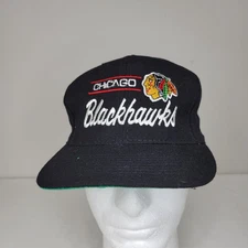 VTG Chicago Blackhawks American Needle 90s Wool Script SnapBack Hat Black EUC
