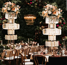 Gold Clear Crystal Multi-Tier Centerpiece Stand w/ Dome Lids Wedding Decor