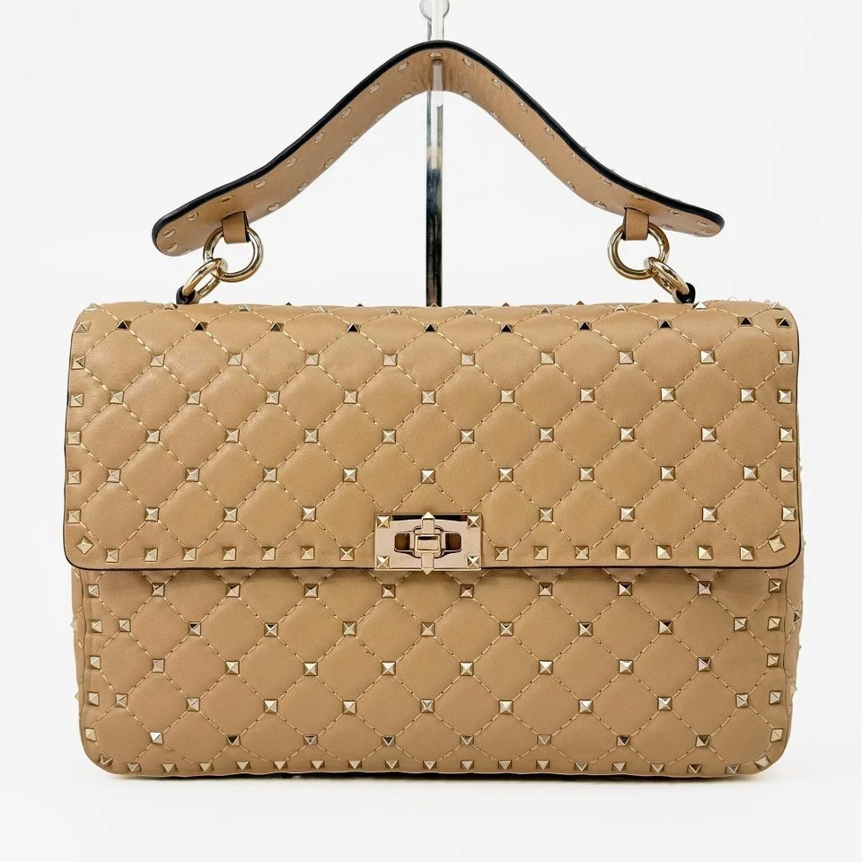 Bolso de Mano VALENTINO GARAVANI Rockstud 3 Vías Cuero Acolchado Beige Usado Foto 3 de 4