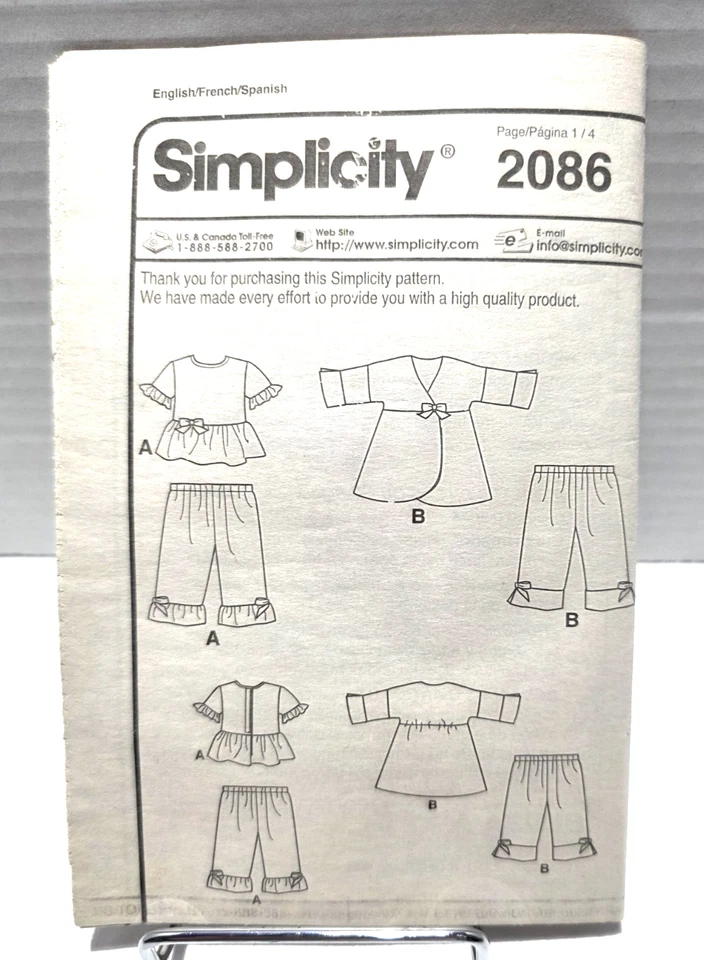 Simplicity It's So Easy #A2086 18" Doll Clothes Top Pants Bodice Skirt Cut - Image 4 of 4