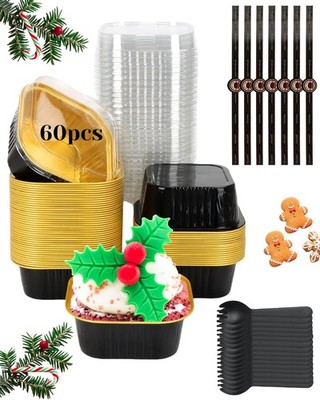 YQER 60 Pack 10oz Mini Cake Pans with Lids, Spoons, Stickers - Disposable Squ...
