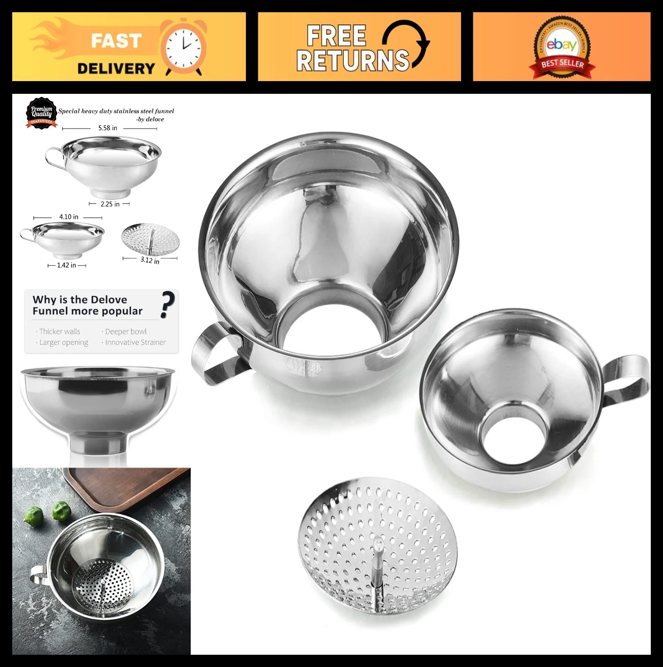 Canning Funnel Set with Strainer for Mason Jars - Stainless Steel Wide & Regular