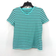 Croft & Barrow Shirt Womens Medium Light Teal Striped Short Sleeve V Neck Top