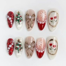 30Pcs Christmas Press on Nails Medium Almond Fake Nails Red 3D Christmas-8