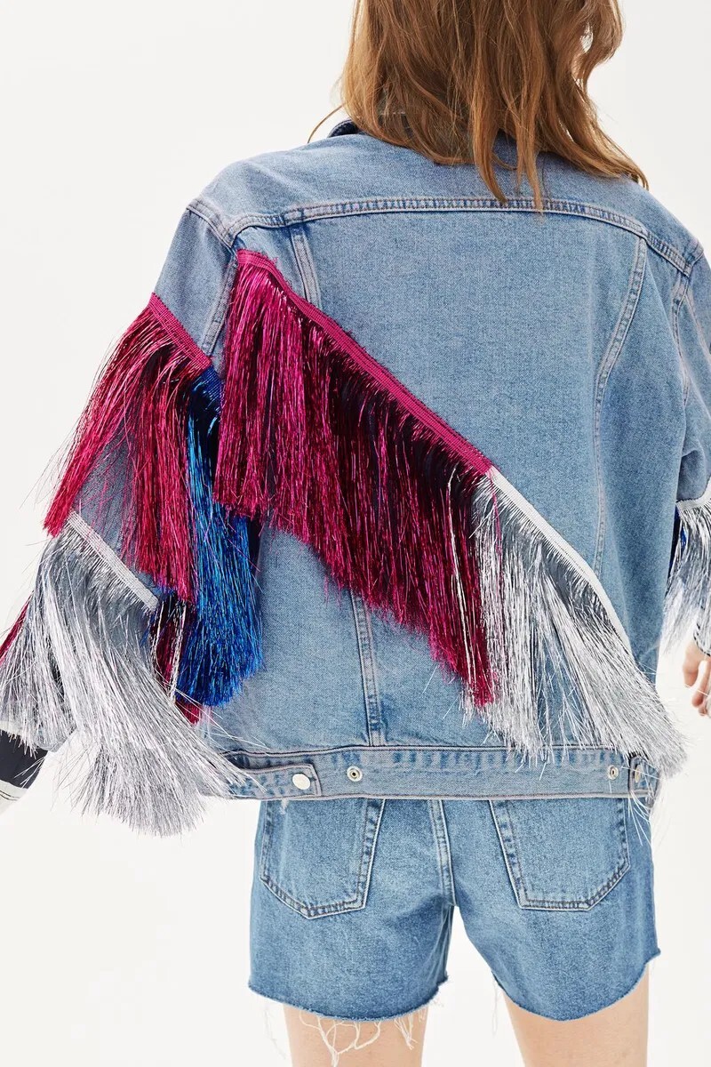Rare TOPSHOP Denim Pink Silver Blue Tinsel Oversized Jacket Unique! image 5