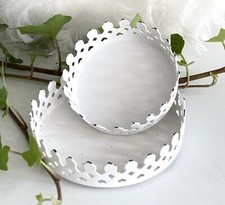 Shabby 2 er Set Tablett Schale Kerzenteller Krone, Metall Weiß Patina,