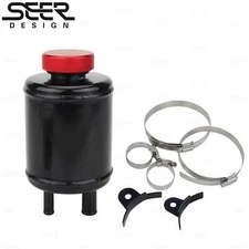 Black Universal Aluminum Racing Power Steering Fluid Reservoir Tank w/ Clamps