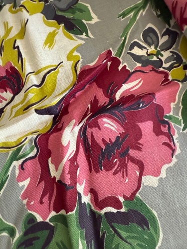 Vtg 1940's Berry Rose Yellow Floral Fabric Gray Background 3.6 Yards Linen Cottn - Picture 13 of 14