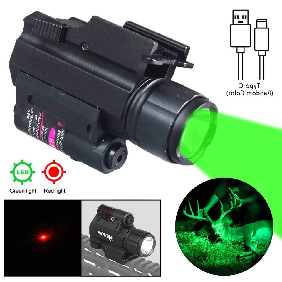 USB Rechargeable Red/Green LED Flashlight Pistol Light w/ Laser Sight 20mm Rail - Image 3 of 4