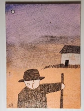 e9Art ACEO man in black, house, walking stick outsider art brut naive