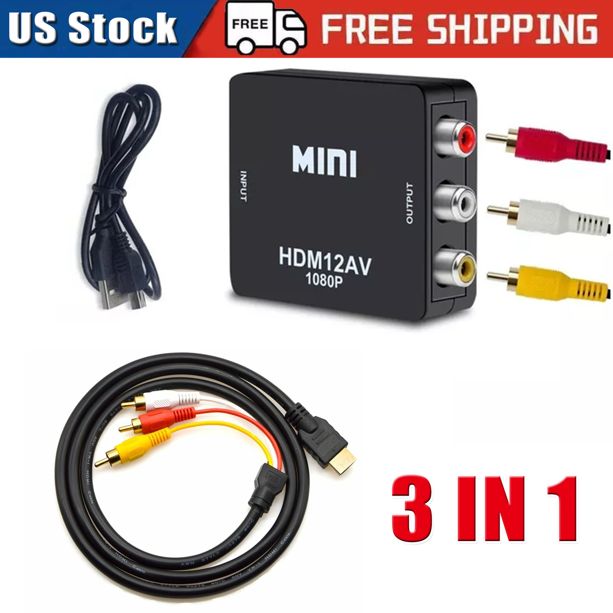 HDMI To RCA AV Adapter Converter Cable CVBS 3RCA 1080P Composite Video Audio