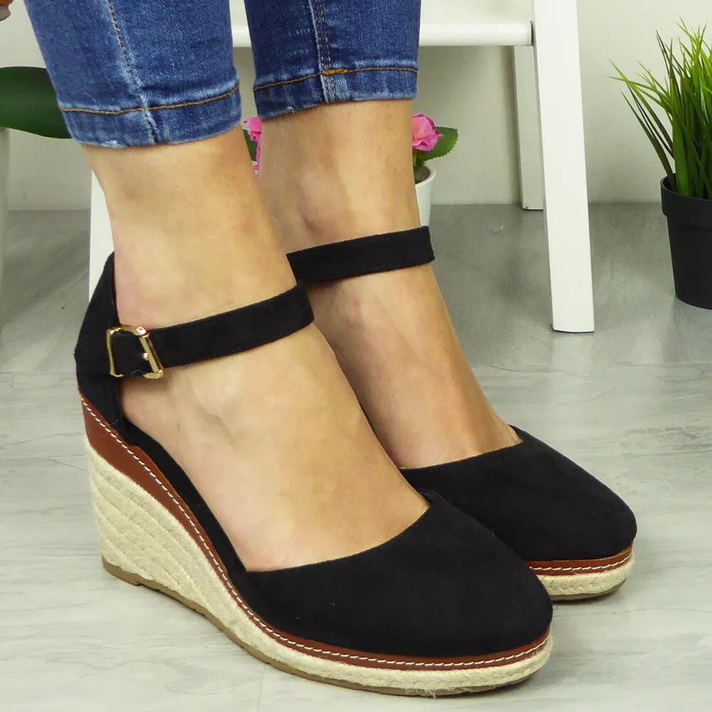 Wedges Sandals Shoes High Heel Hessian Cushioned Ladies Closed Toe Womens Sizes