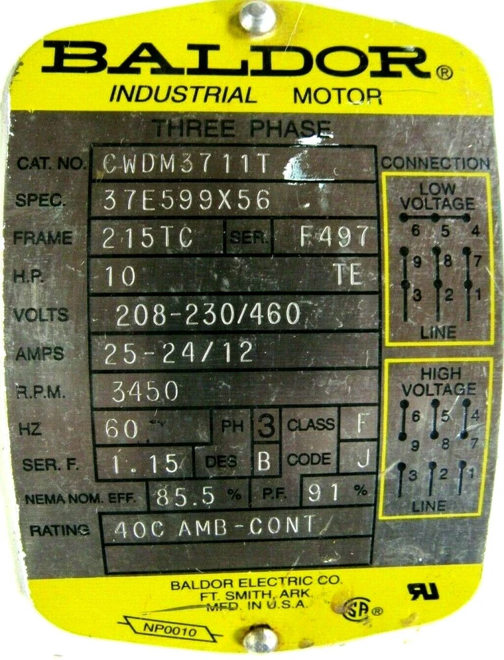 USED BALDOR CWDM3711T MOTOR 10HP 208-230/460V 3450 RPM 37E599X56 1-3/8" x 3-1/2" - Image 3 of 3