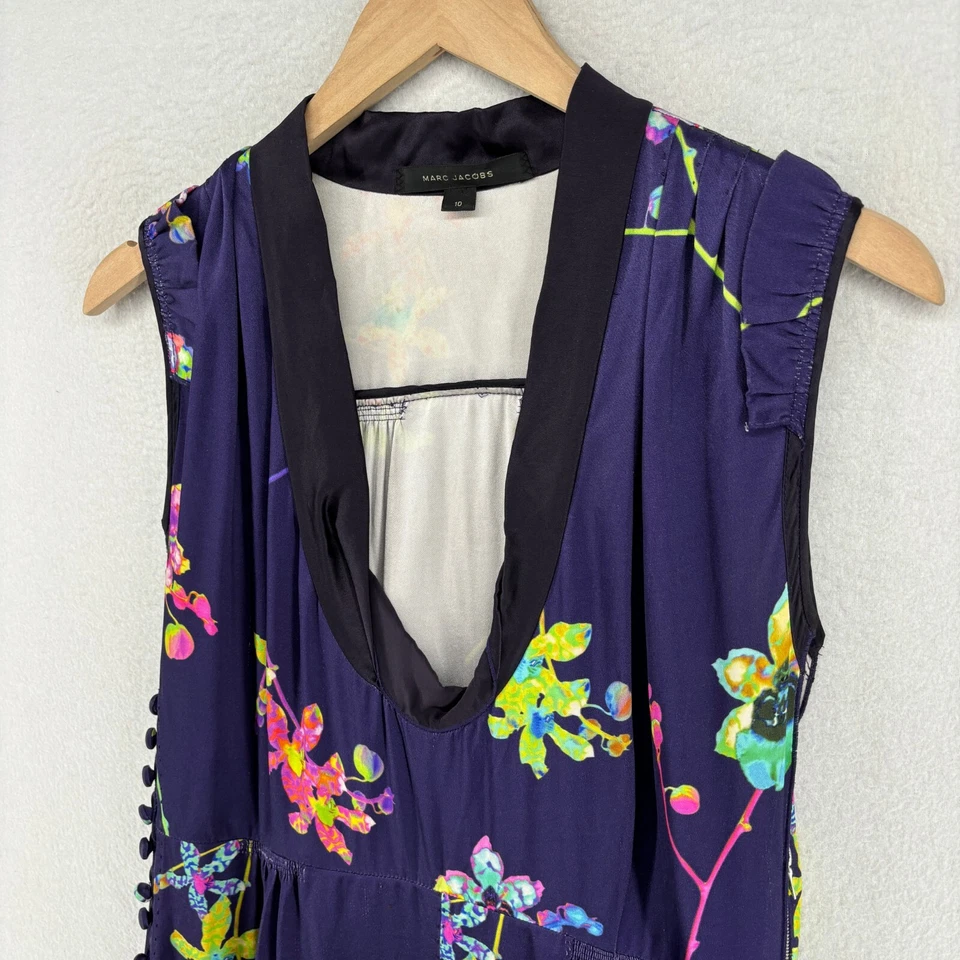 Vestido MARC JACOBS RUNWAY 10 Seda Satén Floral Sin Mangas Cremallera Lateral Azul Foto 4 de 4