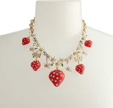 BETSEY JOHNSON GOLD TONE RED STRAWBERRY,WHITE FLORAL CRYSTALS STATEMENT NECKLACE