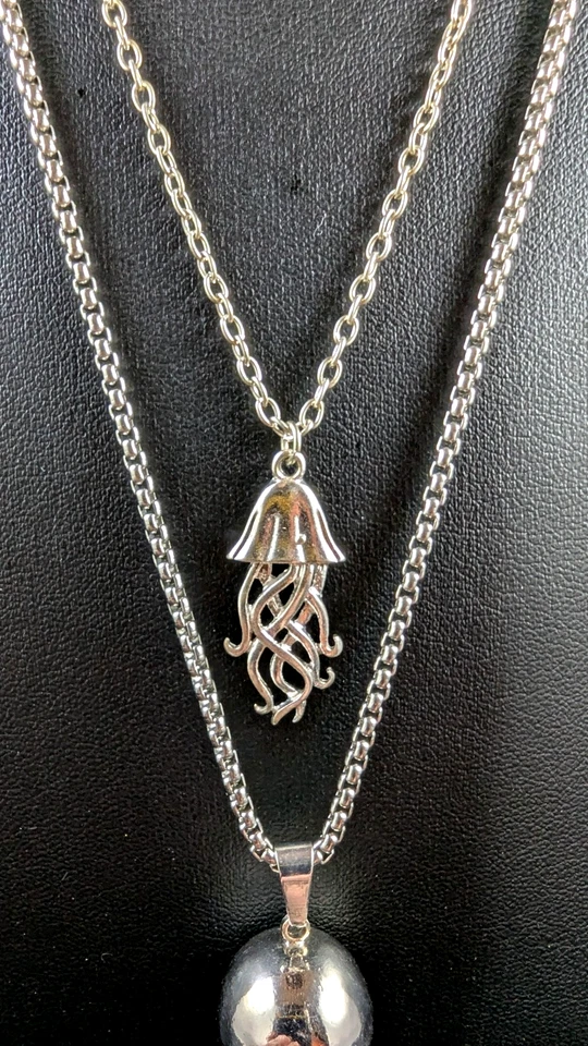 2 Silver Tone Octopus Necklaces – Tiger’s Eye Orb Pendant & Jellyfish Charm - Image 3 of 4