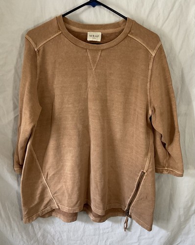 Wrap London Sweat Shirt Tan Size 14 Hemp Cotton Blend Side Zip 3/4 Sleeve