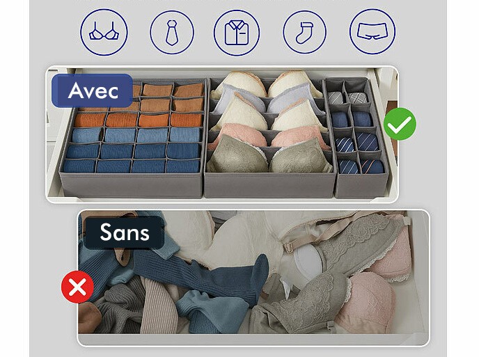Organiseurs de rangement en tissu pliable, bac de rangement 8 cases pour sous-vêtements