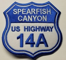 Embroidered SPEARFISH CANYON US HIGHWAY 14A lt blue white Patch approx 3X3"
