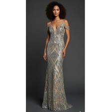 JVN by Jovani Metallic Sequin Scroll Mermaid Gown