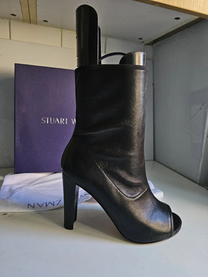 STUART WEITZMAN DESIGNER UK 4 EU 37 WOMENS BLACK LEATHER ANKLE HIGH HEELS BOOTS - Image 3 of 4