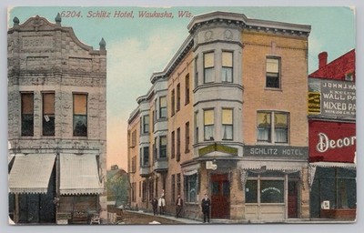 Schlitz Hotel, Waukesha WI Wisconsin Postcard 1914 Divided Back