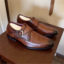 Brown Leather Monk Strap Dress Shoes Men's Buckle Pointed Toe