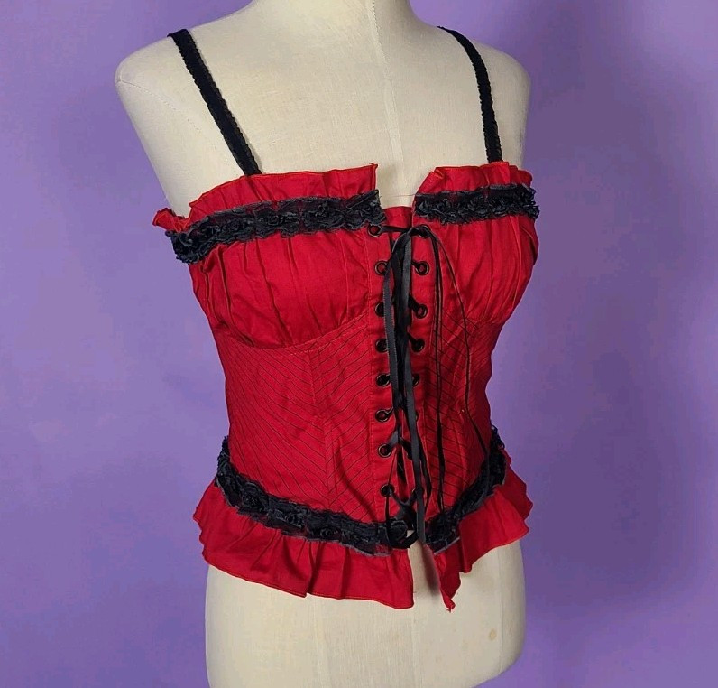 Gothic Red Pinstripe Lace-Up Corset Cami Tank Top