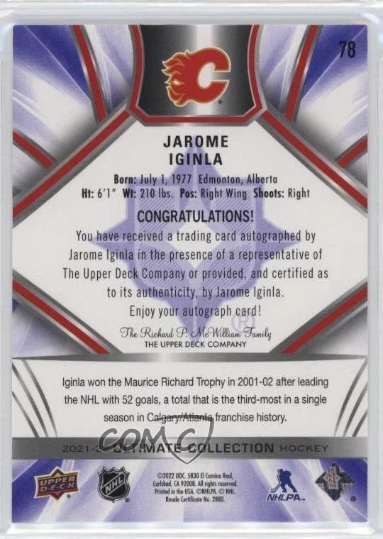 2021 Upper Deck Ultimate Collection Legends Purple /5 Jarome Iginla #78 Auto HOF - Image 2 of 2