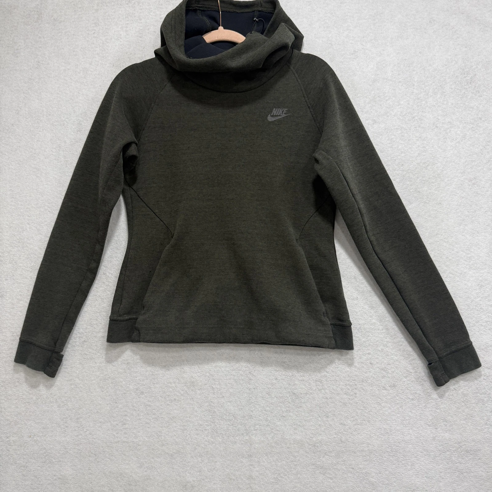 Nike Hoodie Womens Medium Green Funnel Neck Thumb Holes Fleece Running Pullover