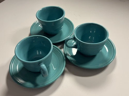 Set of 3 Fiesta Teal Teacup & Saucer Set Fiestaware Homer Laughlin