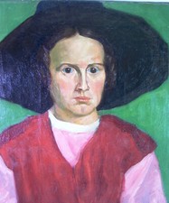 oil painting dated 1925 - Young Woman with Tyrolean Hat - Monogram AD